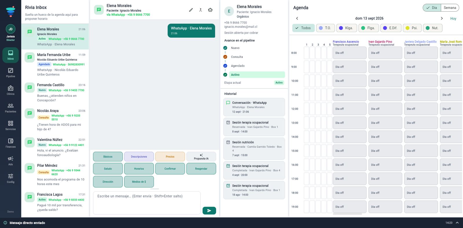 Inbox de Rivia: el chat del centro junto a la agenda del día.
