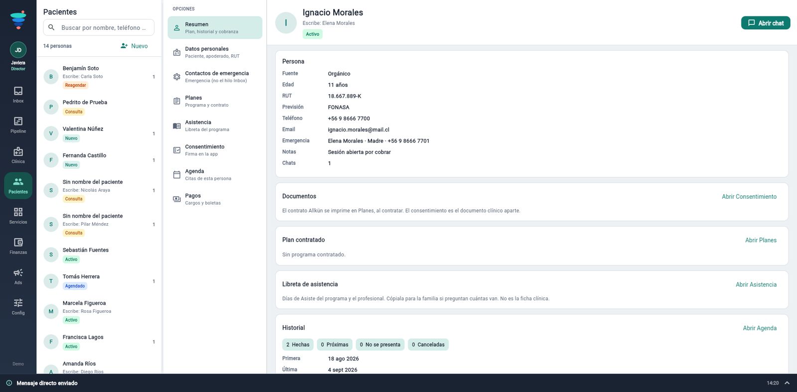 Ficha de paciente con plan, asistencia y documentos.